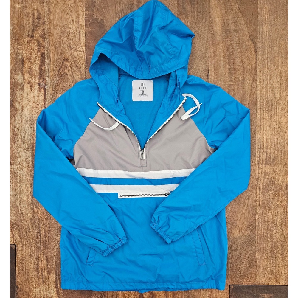 Zine Pullover Jacket Mens S Blue Windbreaker Half-Zip Hoodie Long Sleeve